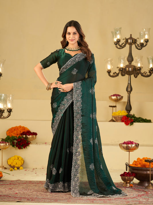 Bottle Green Fendy Satin Saree with White Floral Embroidery Border | Designer Party Wear Saree with Embroidered Blouse
