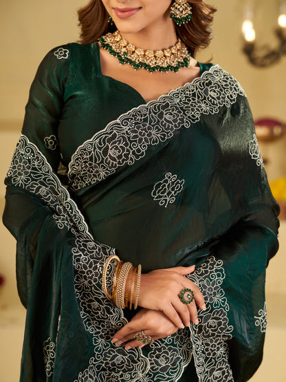 Bottle Green Fendy Satin Saree with White Floral Embroidery Border | Designer Party Wear Saree with Embroidered Blouse