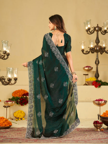 Bottle Green Fendy Satin Saree with White Floral Embroidery Border | Designer Party Wear Saree with Embroidered Blouse