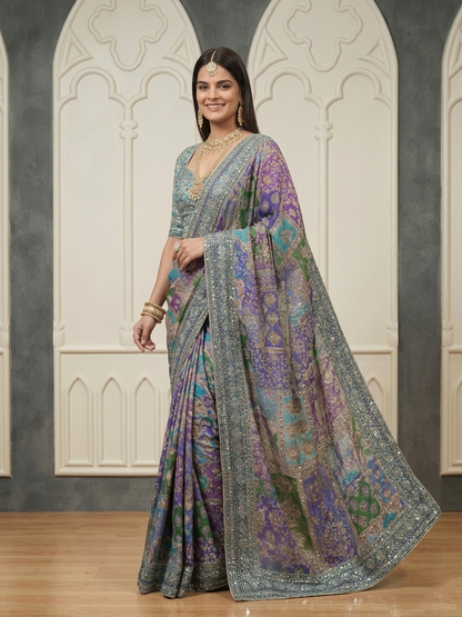 Multi-Color Printed Silk Saree with Blouse | Festive & Wedding Wear (blue)