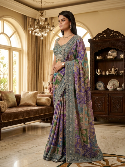 Multi-Color Printed Silk Saree with Blouse | Festive & Wedding Wear (blue)
