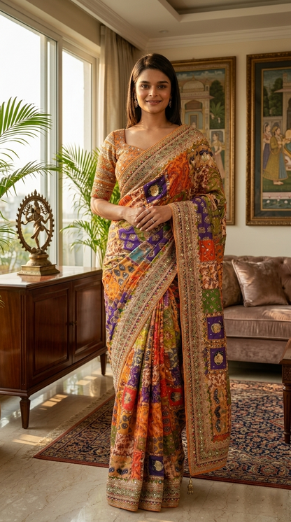 Patchwork Printed Saree with Heavy Border Saree (orange 1)