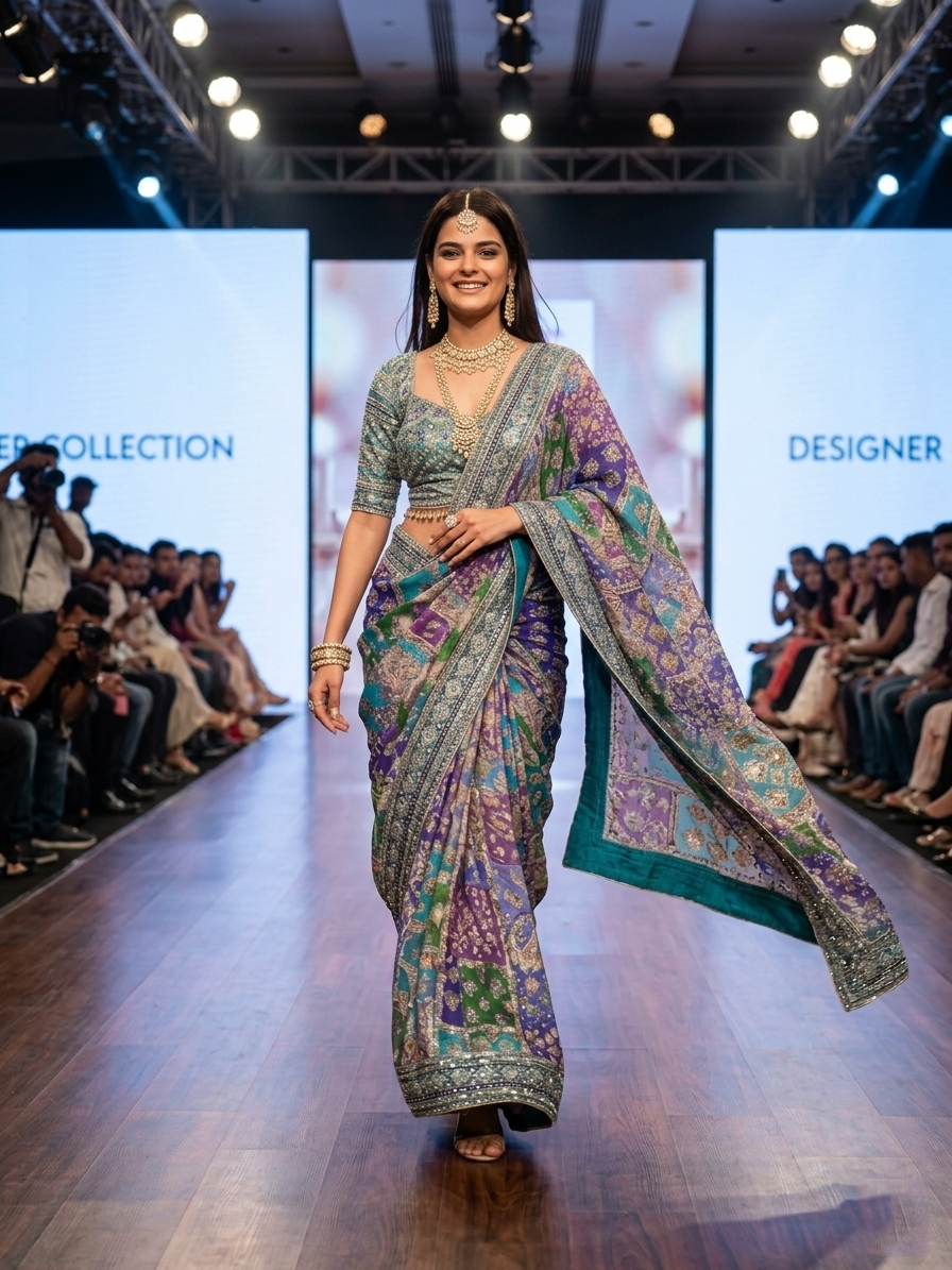 Multi-Color Printed Silk Saree with Blouse | Festive & Wedding Wear (blue)