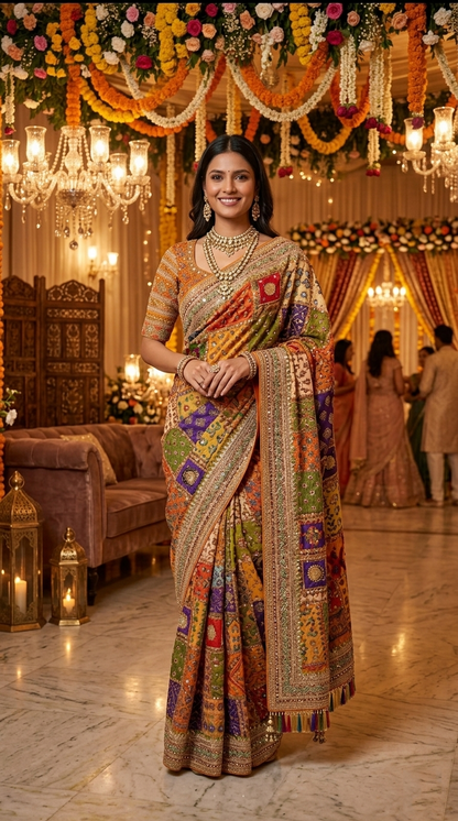 Patchwork Printed Saree with Heavy Border Saree (orange 1)