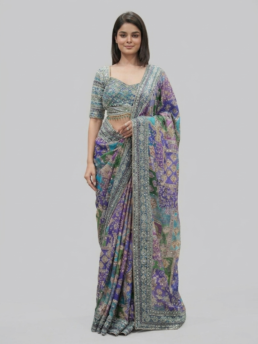 Multi-Color Printed Silk Saree with Blouse | Festive & Wedding Wear (blue)