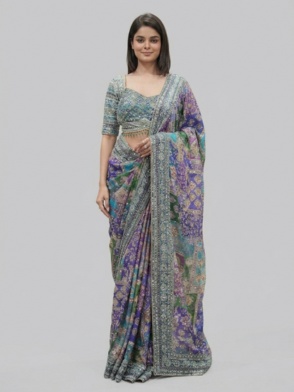 Multi-Color Printed Silk Saree with Blouse | Festive & Wedding Wear (blue)