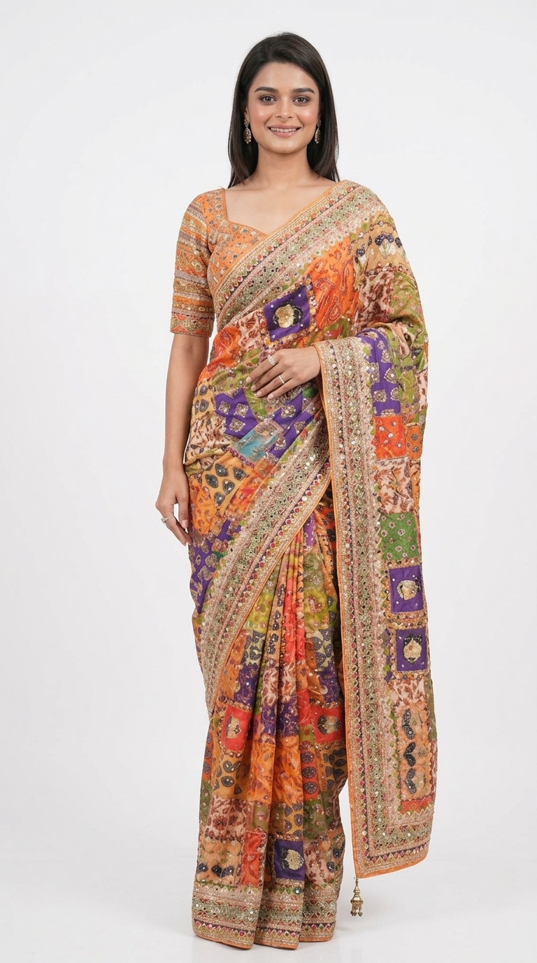 Patchwork Printed Saree with Heavy Border Saree (orange 1)
