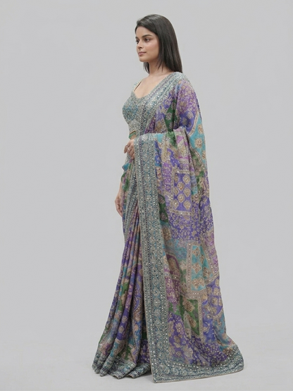 Multi-Color Printed Silk Saree with Blouse | Festive & Wedding Wear (blue)