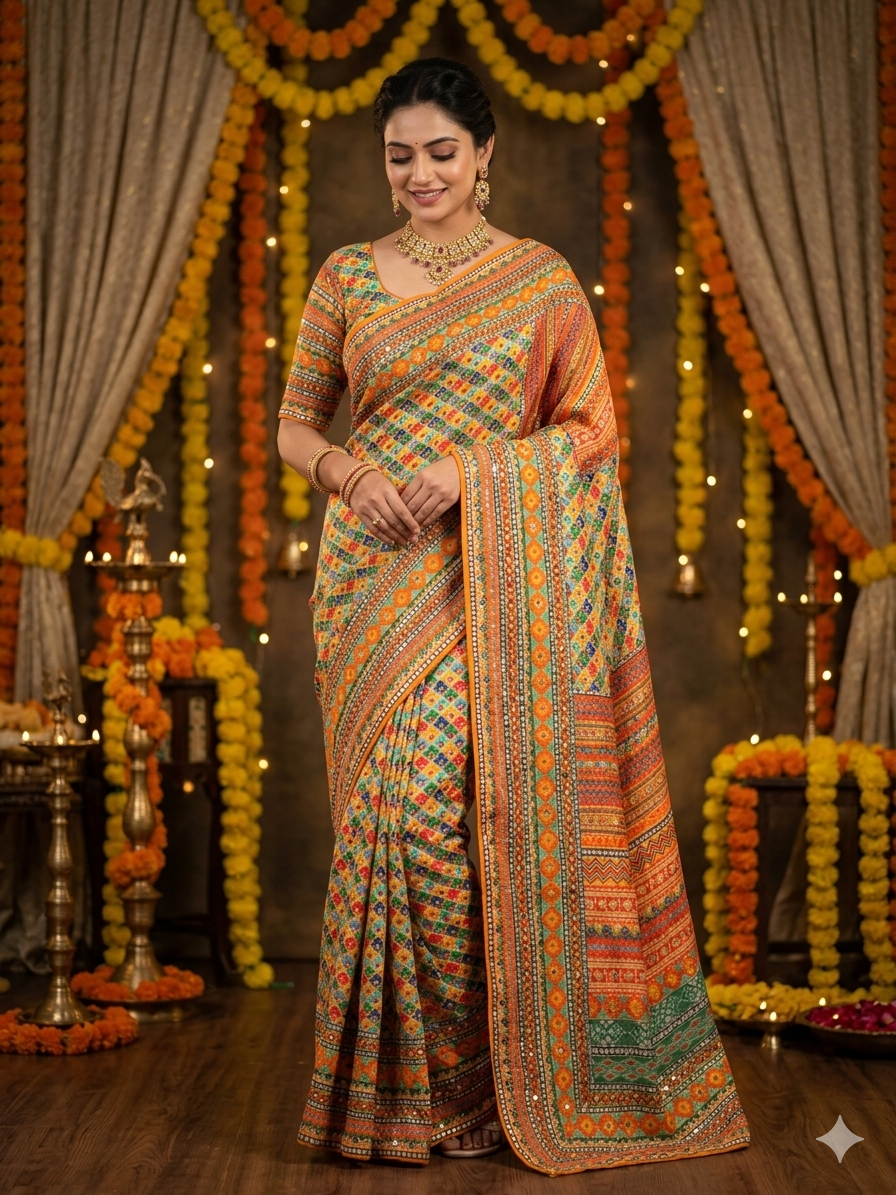 Dusk Radiance Chinnon Silk Saree Printed with Blouse Mirror Work