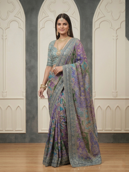 Multi-Color Printed Silk Saree with Blouse | Festive & Wedding Wear (blue)