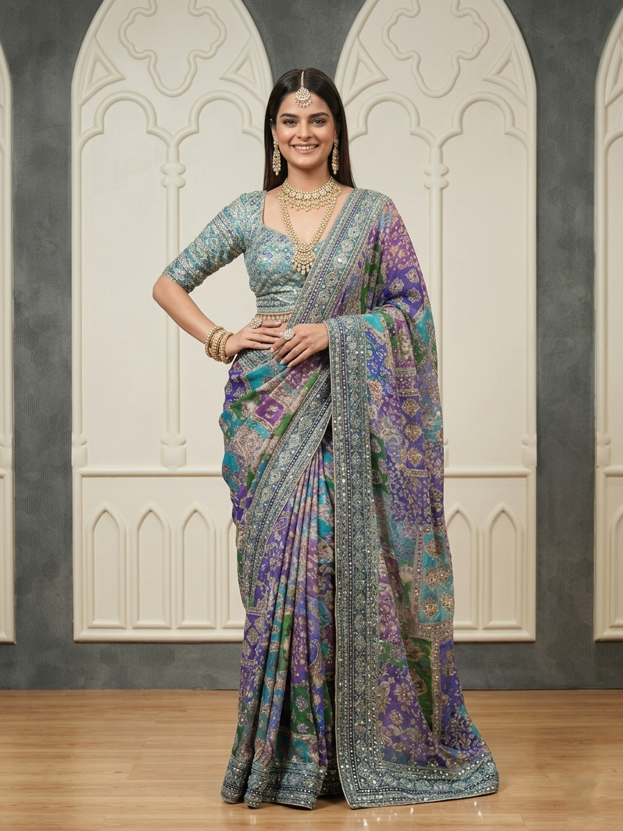 Multi-Color Printed Silk Saree with Blouse | Festive & Wedding Wear (blue)