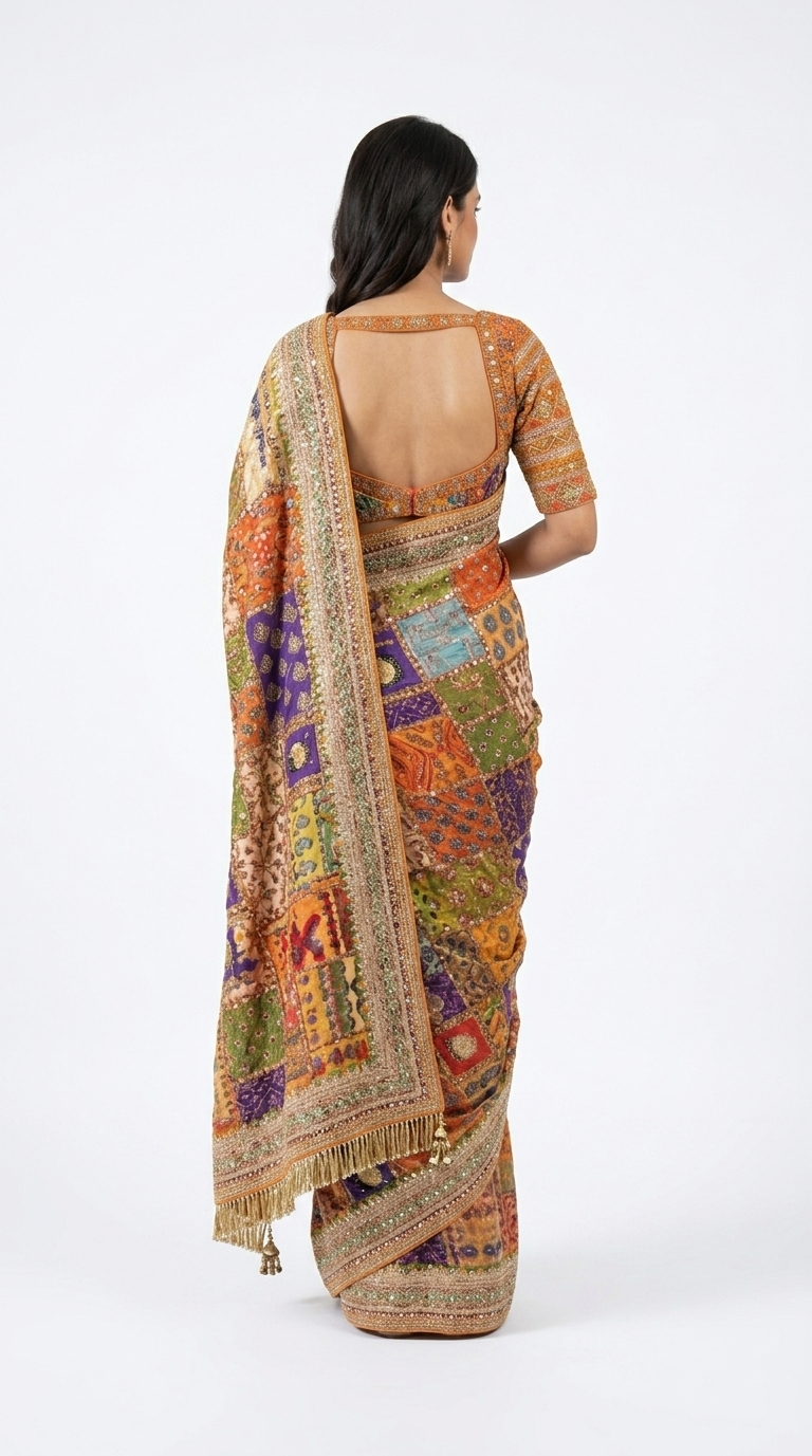 Patchwork Printed Saree with Heavy Border Saree (orange 1)