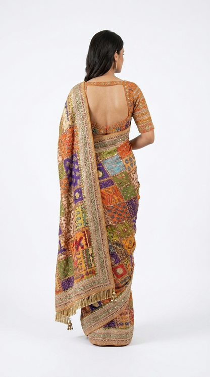 Patchwork Printed Saree with Heavy Border Saree (orange 1)