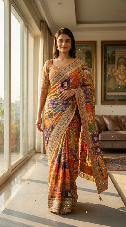 Patchwork Printed Saree with Heavy Border Saree (orange 1)