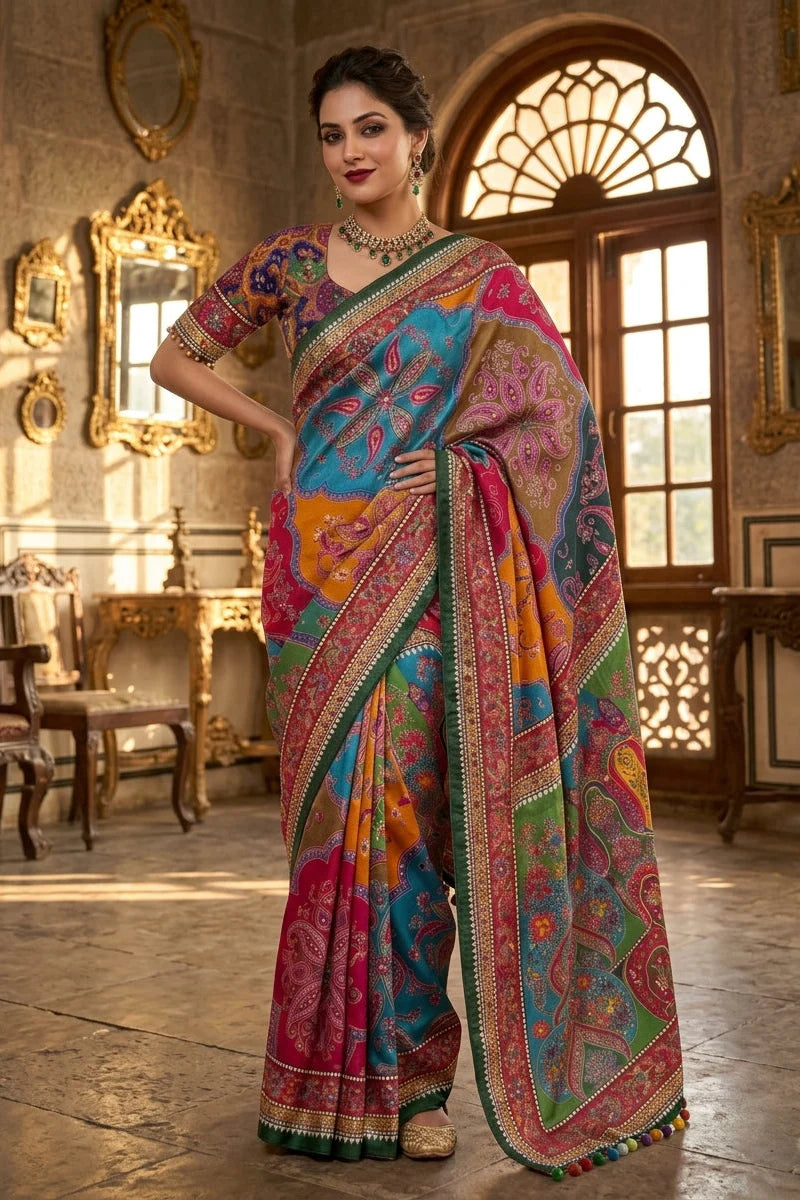 Festival Splash Fancy Silk Saree Printed with Blouse Mirror Work