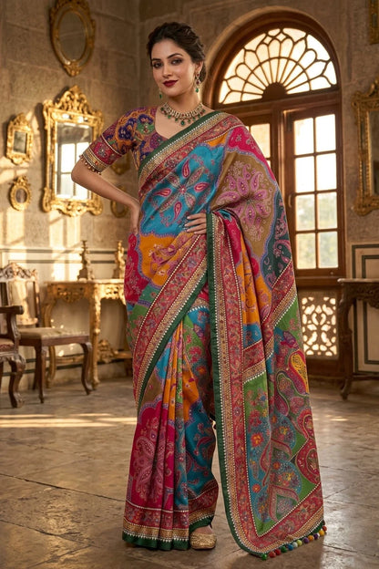 Festival Splash Fancy Silk Saree Printed with Blouse Mirror Work