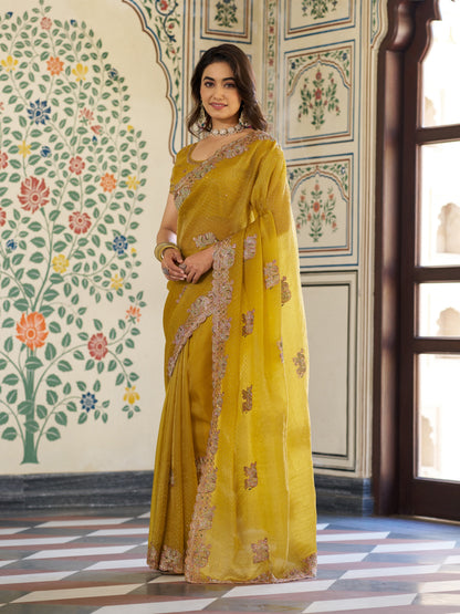 Mustard Yellow Fendy Satin Embroidered Saree with Elephant Motifs & Zari Border | Designer Festive Saree with Tassels & Heavy Embroidered Blouse