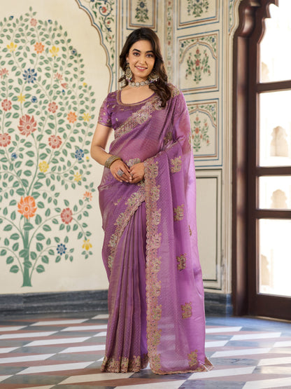 Lavender Purple Fendy Satin Embroidered Saree with Elephant Motifs & Zari Border | Designer Festive Wear Saree with Tassels & Heavy Embroidered Blouse