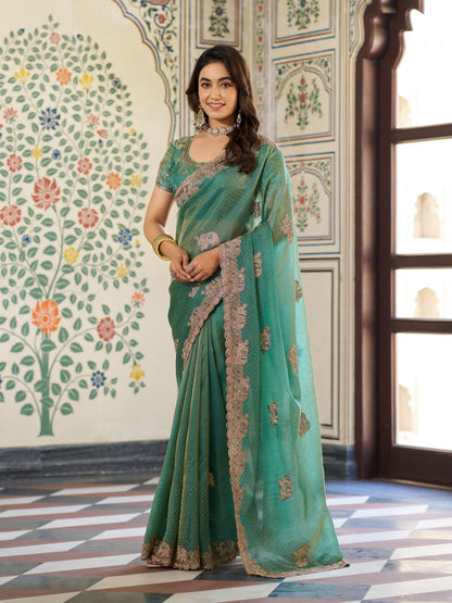Sea Green Fendy Satin Embroidered Saree with Elephant Motifs & Heavy Zari Border | Designer Festive Wear Saree with Tassels & Embroidered Blouse