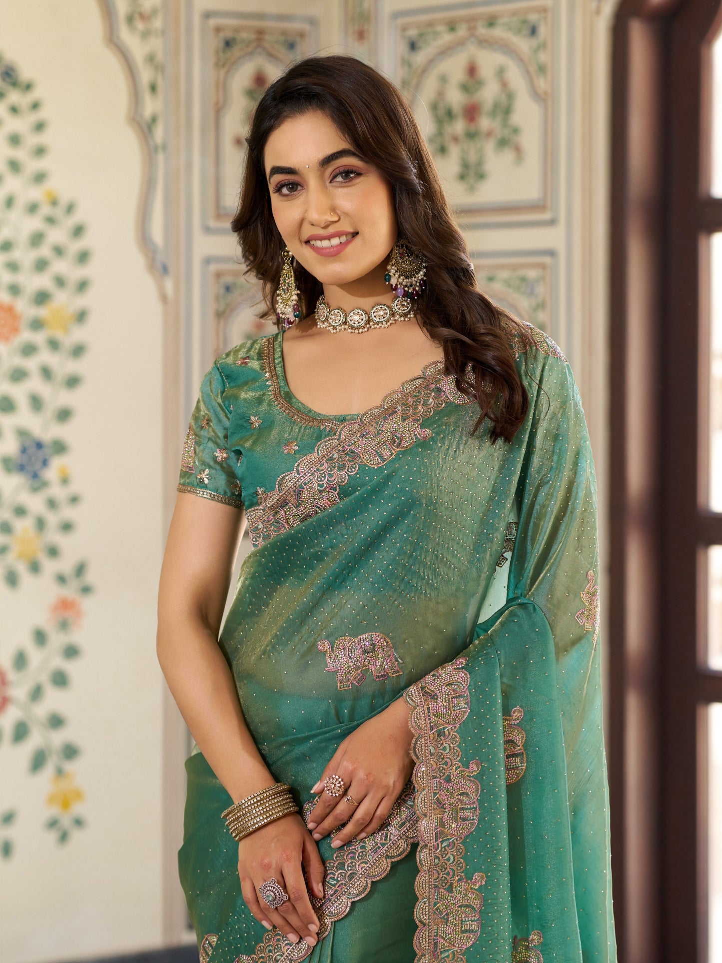 Sea Green Fendy Satin Embroidered Saree with Elephant Motifs & Heavy Zari Border | Designer Festive Wear Saree with Tassels & Embroidered Blouse