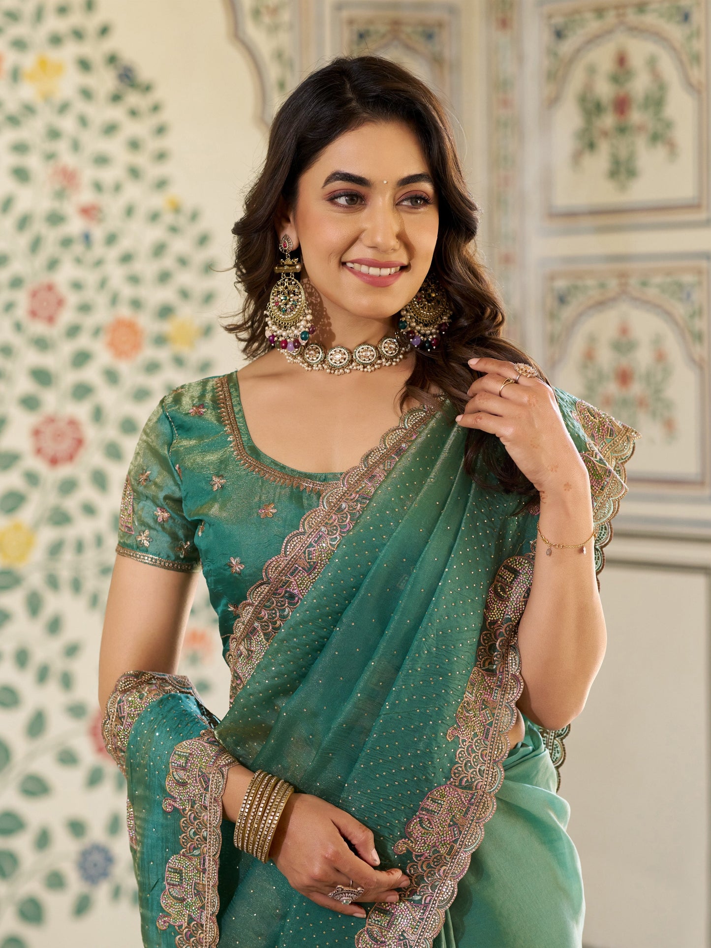 Sea Green Fendy Satin Embroidered Saree with Elephant Motifs & Heavy Zari Border | Designer Festive Wear Saree with Tassels & Embroidered Blouse