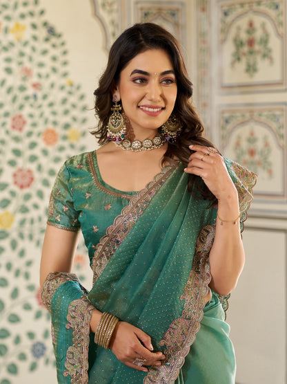 Sea Green Fendy Satin Embroidered Saree with Elephant Motifs & Heavy Zari Border | Designer Festive Wear Saree with Tassels & Embroidered Blouse