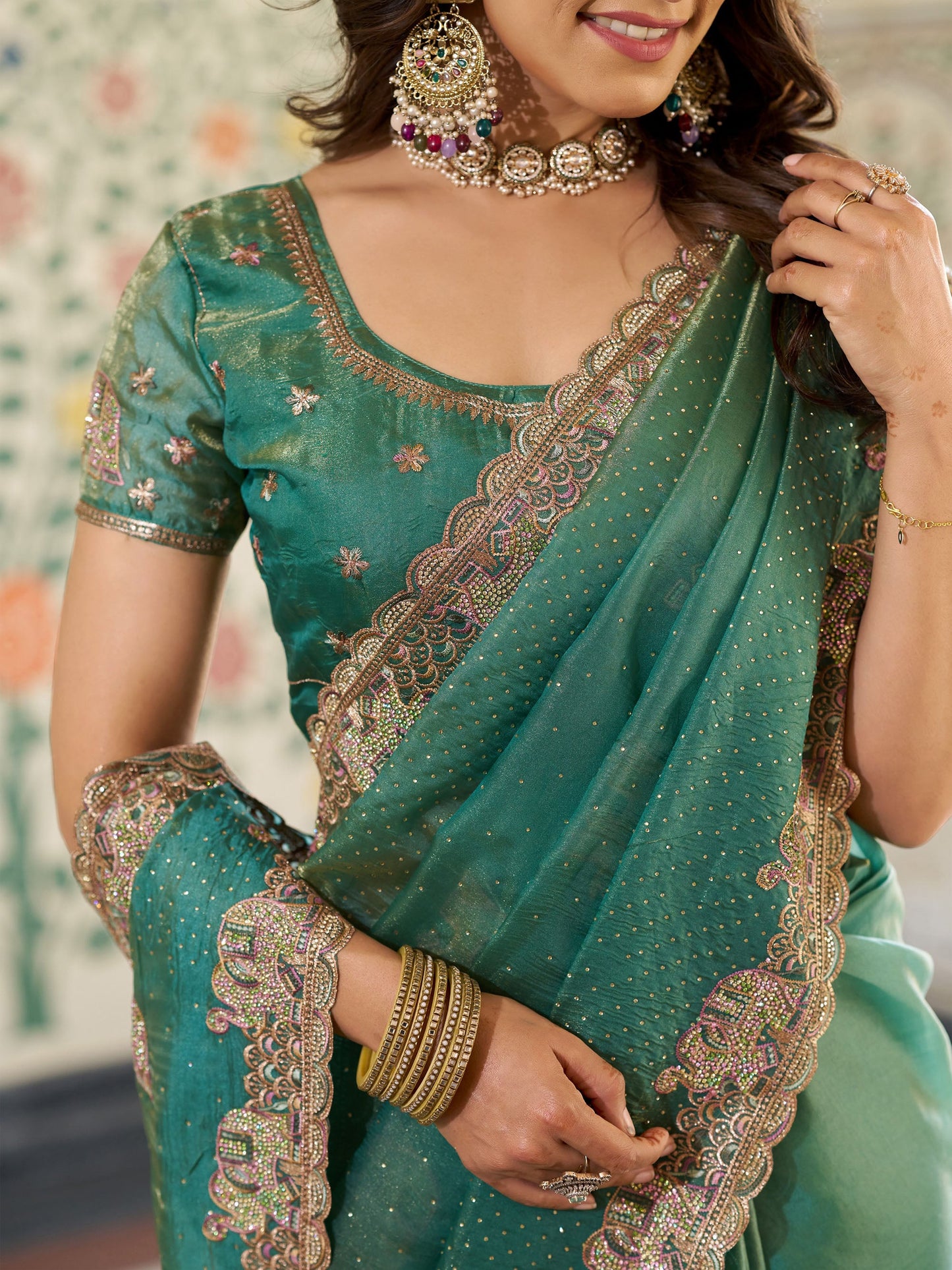 Sea Green Fendy Satin Embroidered Saree with Elephant Motifs & Heavy Zari Border | Designer Festive Wear Saree with Tassels & Embroidered Blouse