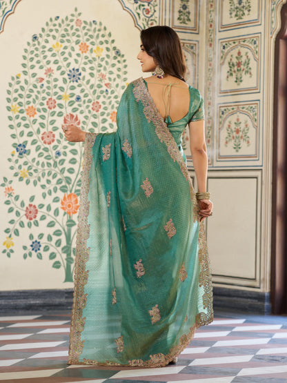 Sea Green Fendy Satin Embroidered Saree with Elephant Motifs & Heavy Zari Border | Designer Festive Wear Saree with Tassels & Embroidered Blouse