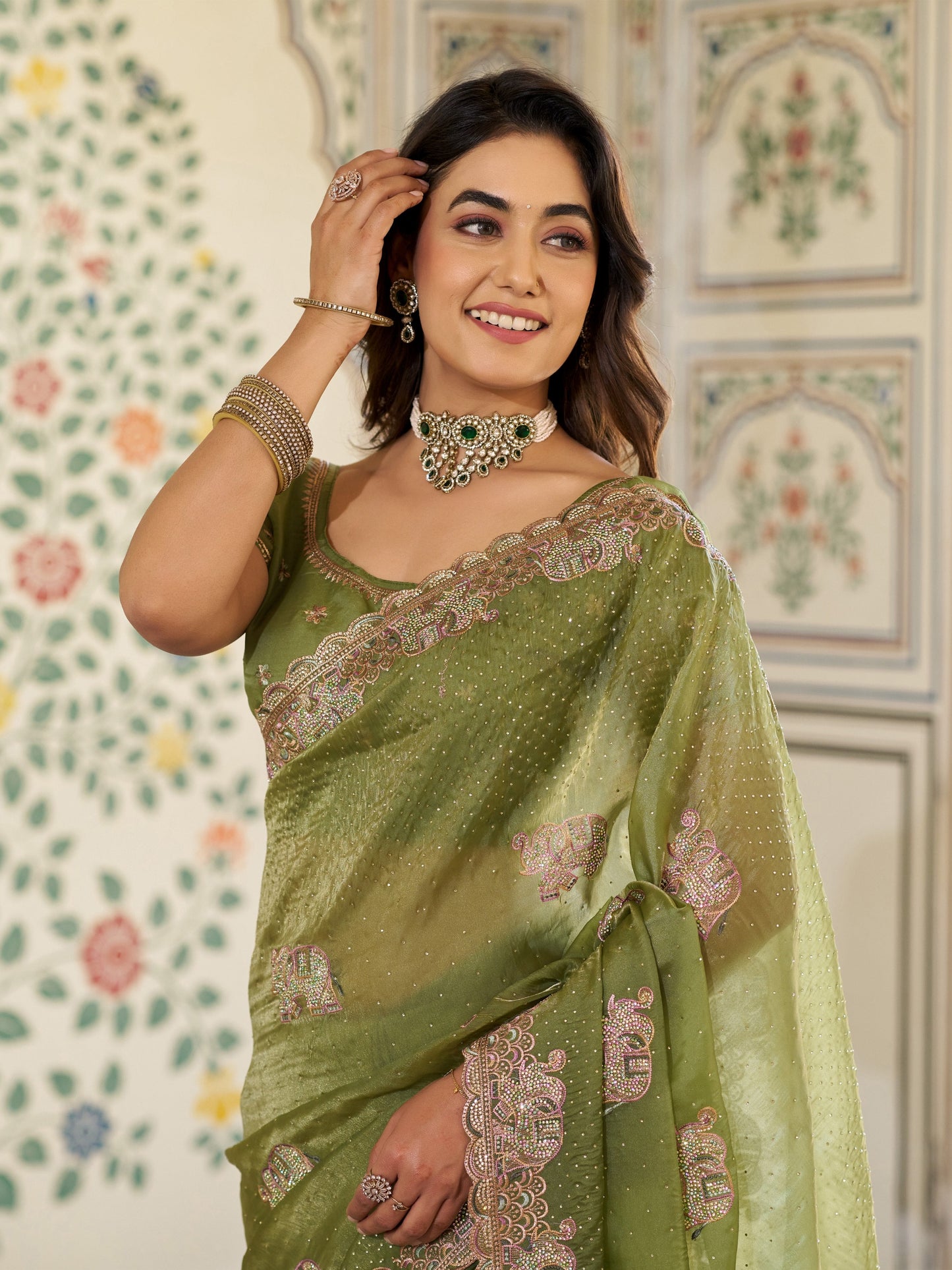Olive Green Fendy Satin Embroidered Saree with Elephant Motifs & Zari Border | Designer Festive Saree with Tassels & Heavy Embroidered Blouse