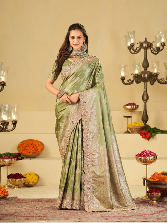 Pastel Green Banarasi Silk Saree with Heavy Embroidered Scallop Border & Rich Zari Woven Pallu | Designer Wedding Festive Saree