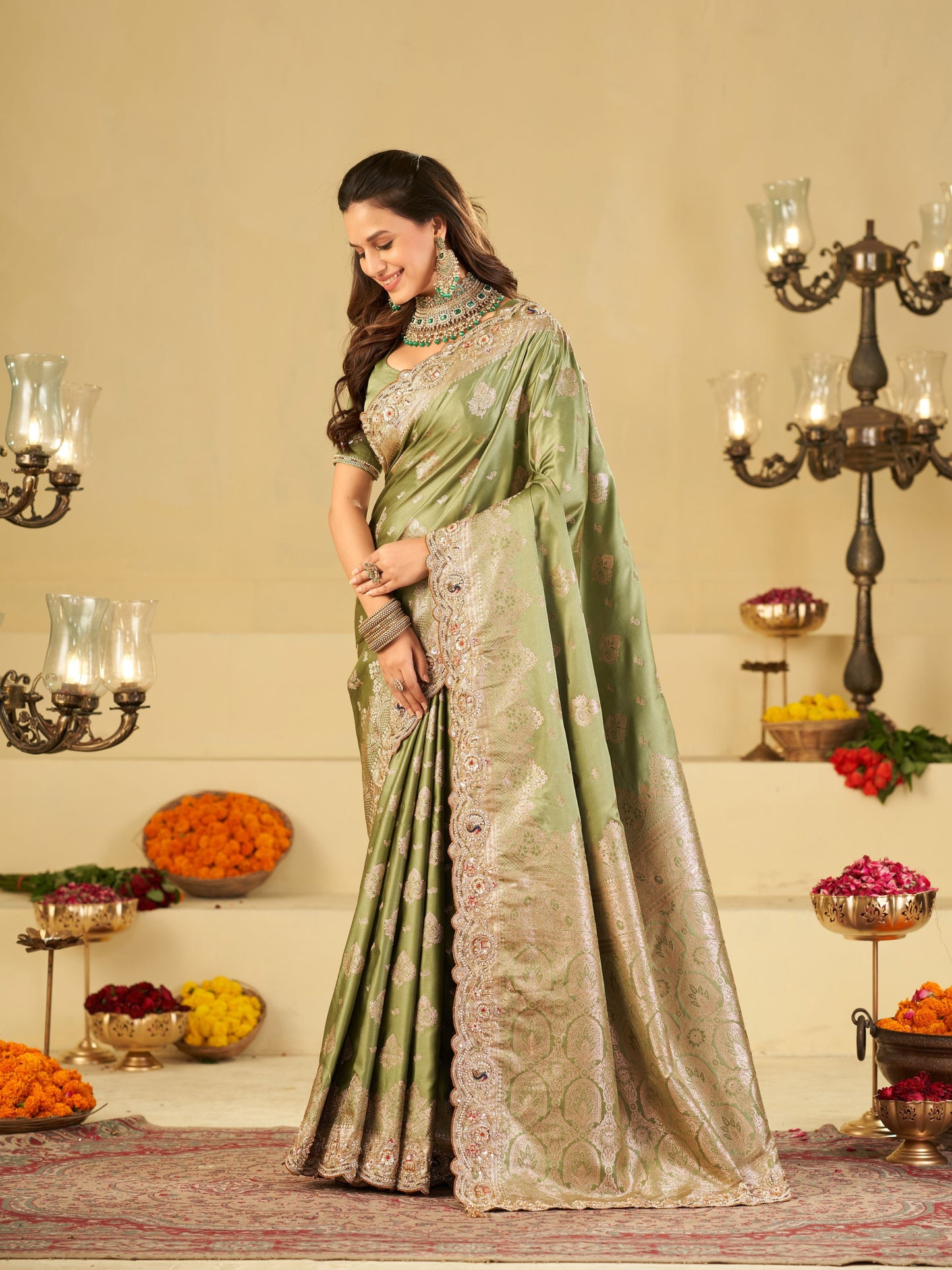 Pastel Green Banarasi Silk Saree with Heavy Embroidered Scallop Border & Rich Zari Woven Pallu | Designer Wedding Festive Saree