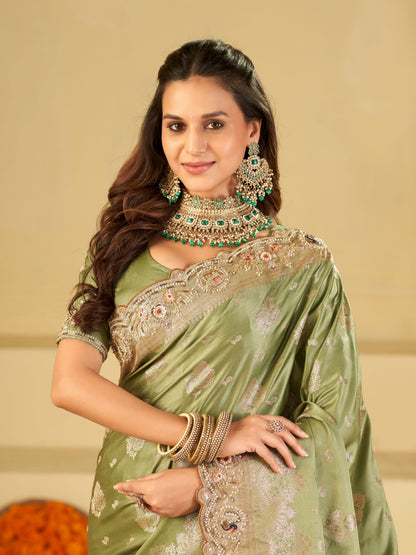 Pastel Green Banarasi Silk Saree with Heavy Embroidered Scallop Border & Rich Zari Woven Pallu | Designer Wedding Festive Saree