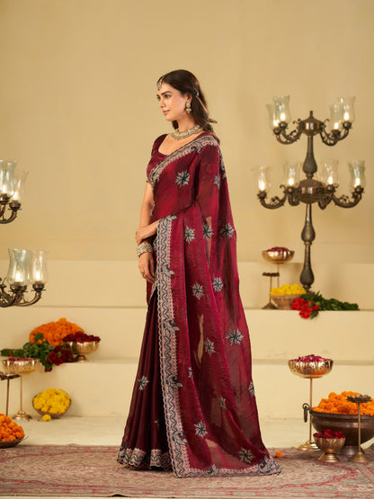 Wine Designer Fendy Satin Saree with Heavy Embroidered Border | Premium Festive Party Wear Saree with Floral Embroidery & Matching Blouse