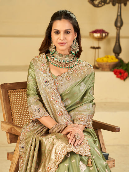 Pastel Green Banarasi Silk Saree with Heavy Embroidered Scallop Border & Rich Zari Woven Pallu | Designer Wedding Festive Saree