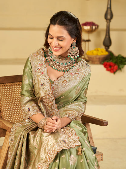 Pastel Green Banarasi Silk Saree with Heavy Embroidered Scallop Border & Rich Zari Woven Pallu | Designer Wedding Festive Saree