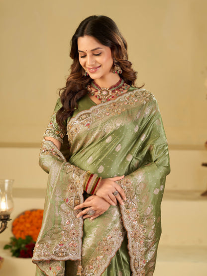 Pista Green Banarasi Silk Saree with Heavy Embroidered Border & Rich Zari Woven Pallu | Designer Wedding Festive Saree