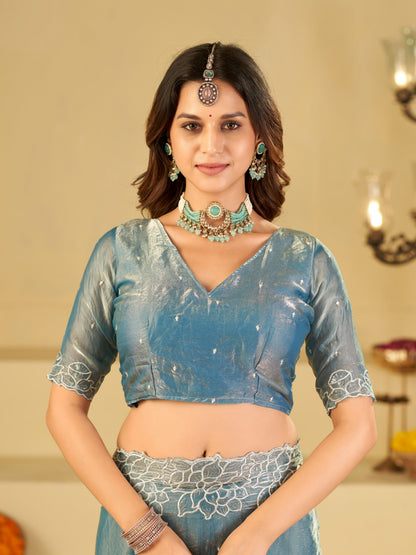 Sky Blue Fendy Satin Saree with White Floral Embroidery Border | Elegant Designer Party Wear Saree with Blouse