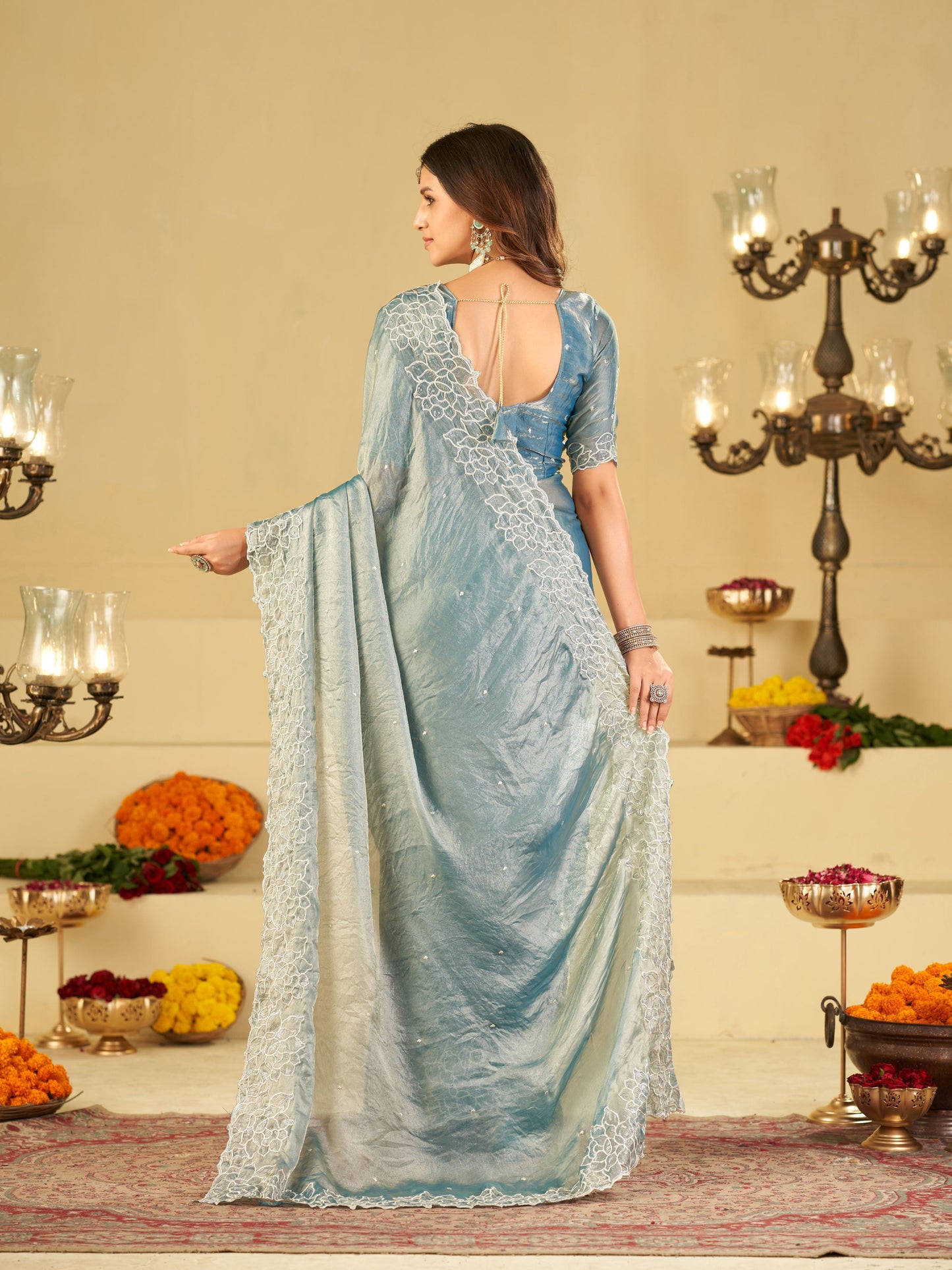 Sky Blue Fendy Satin Saree with White Floral Embroidery Border | Elegant Designer Party Wear Saree with Blouse