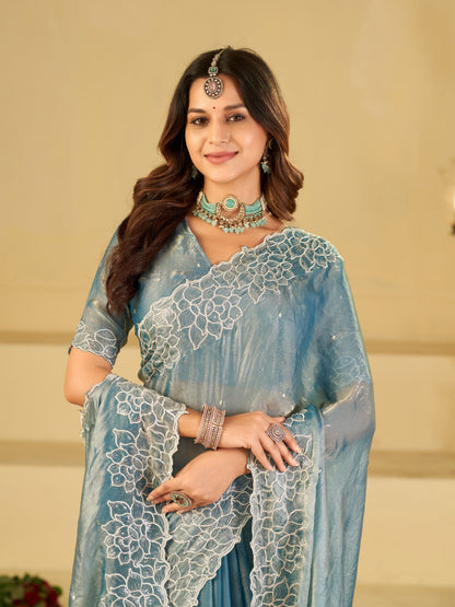 Sky Blue Fendy Satin Saree with White Floral Embroidery Border | Elegant Designer Party Wear Saree with Blouse