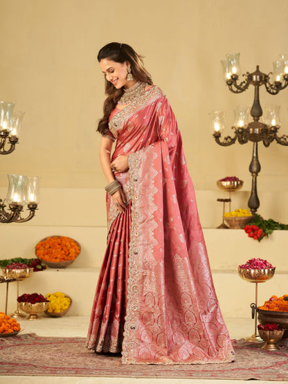 Dusty Rose Pink Banarasi Silk Saree with Heavy Embroidered Scallop Border & Rich Zari Woven Pallu | Designer Wedding Festive Saree
