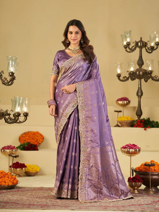 Lavender Banarasi Silk Saree with Heavy Embroidered Border & Rich Zari Woven Pallu | Designer Festive Wedding Saree