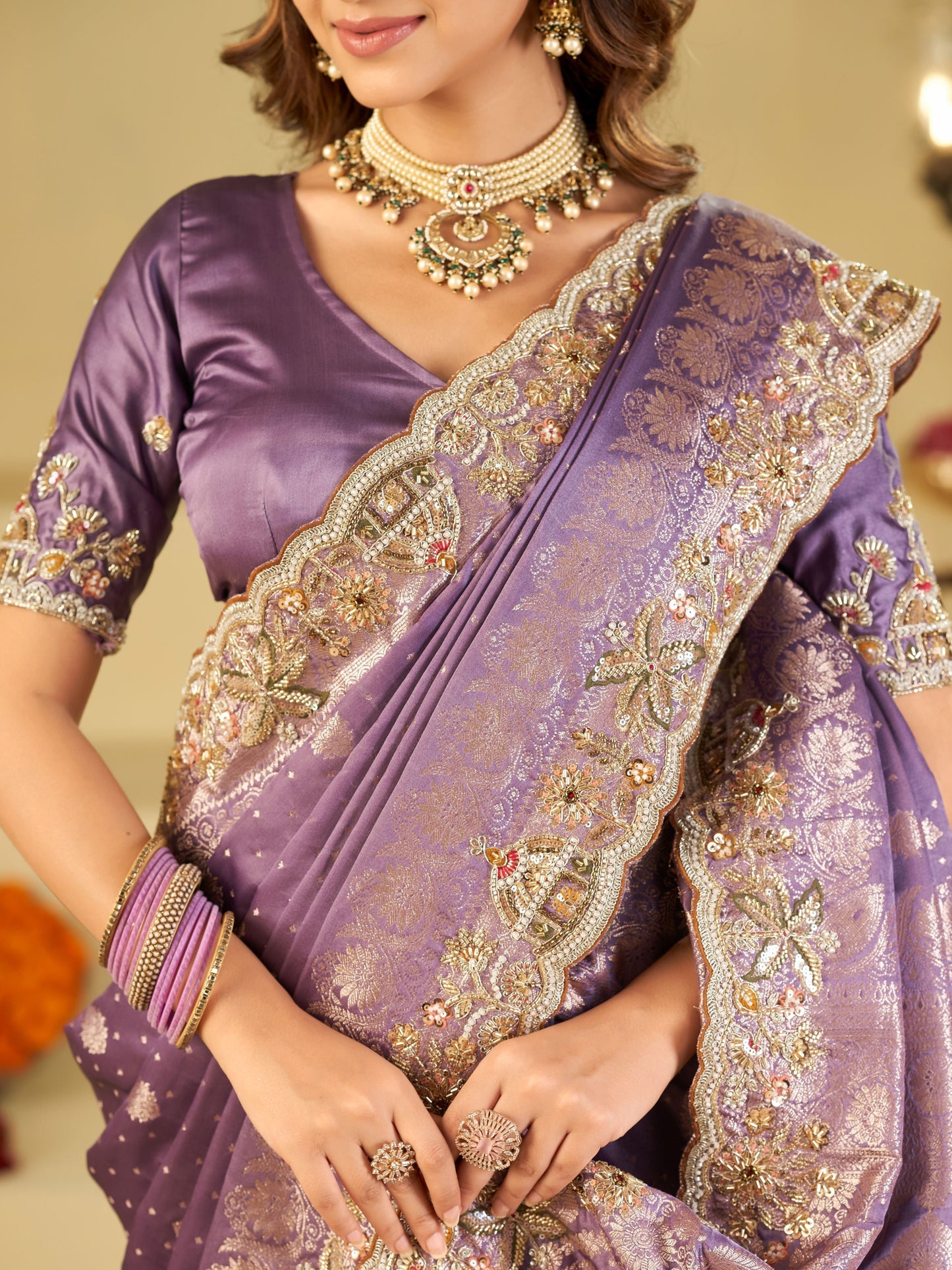 Lavender Banarasi Silk Saree with Heavy Embroidered Border & Rich Zari Woven Pallu | Designer Festive Wedding Saree