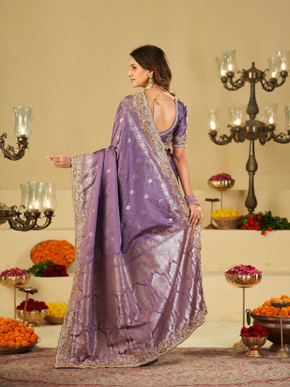 Lavender Banarasi Silk Saree with Heavy Embroidered Border & Rich Zari Woven Pallu | Designer Festive Wedding Saree