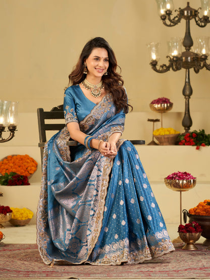 Royal Blue Banarasi Silk Saree with Heavy Embroidered Border & Rich Zari Woven Pallu | Designer Wedding Festive Saree