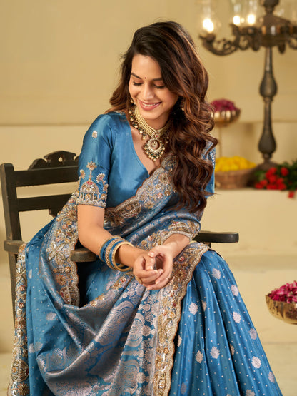 Royal Blue Banarasi Silk Saree with Heavy Embroidered Border & Rich Zari Woven Pallu | Designer Wedding Festive Saree