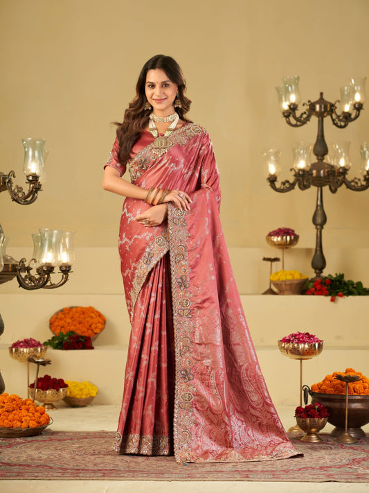 Rose Pink Banarasi Silk Saree with Heavy Embroidered Border & Rich Zari Woven Pallu | Designer Festive Wedding Saree