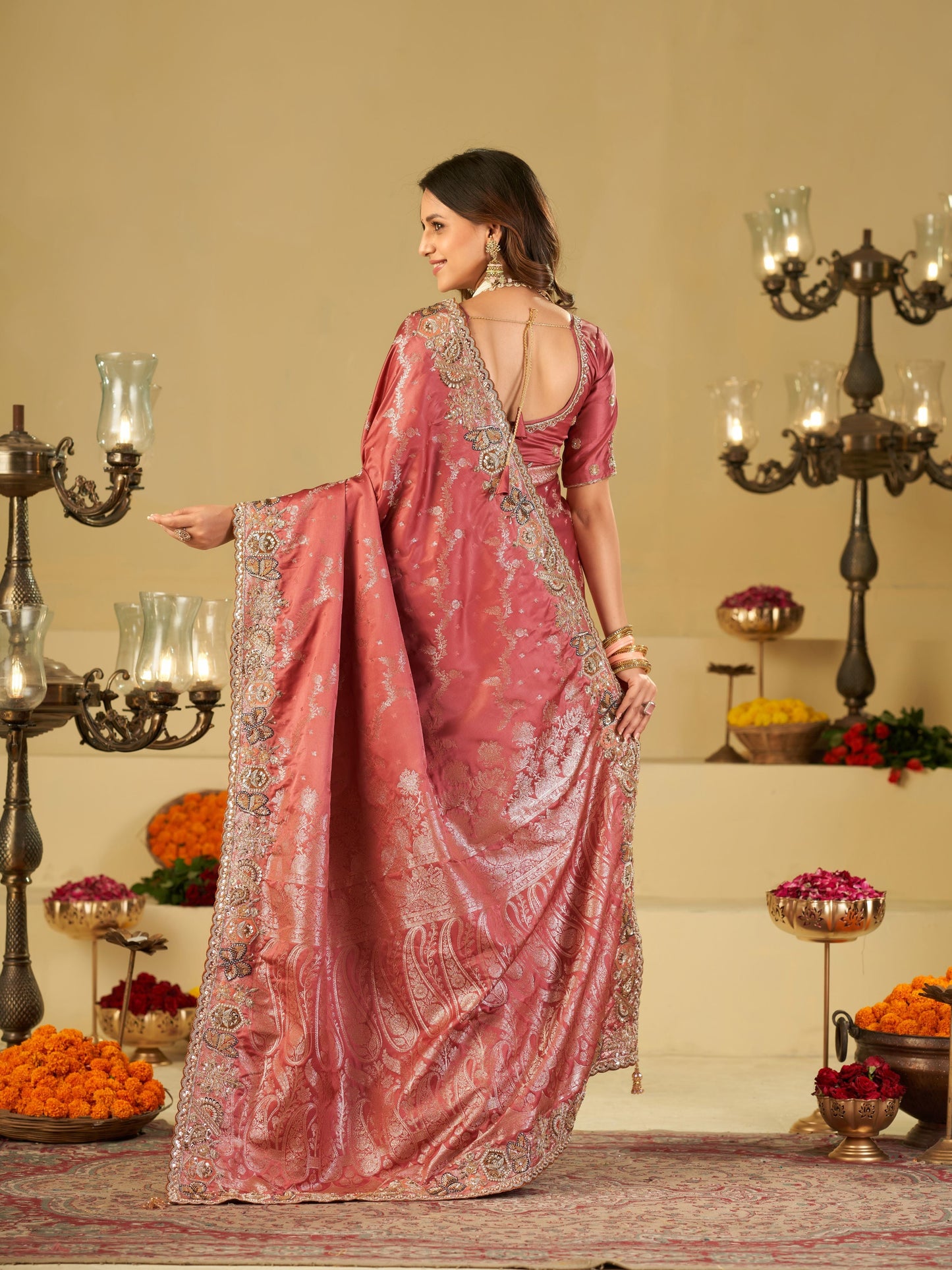 Rose Pink Banarasi Silk Saree with Heavy Embroidered Border & Rich Zari Woven Pallu | Designer Festive Wedding Saree
