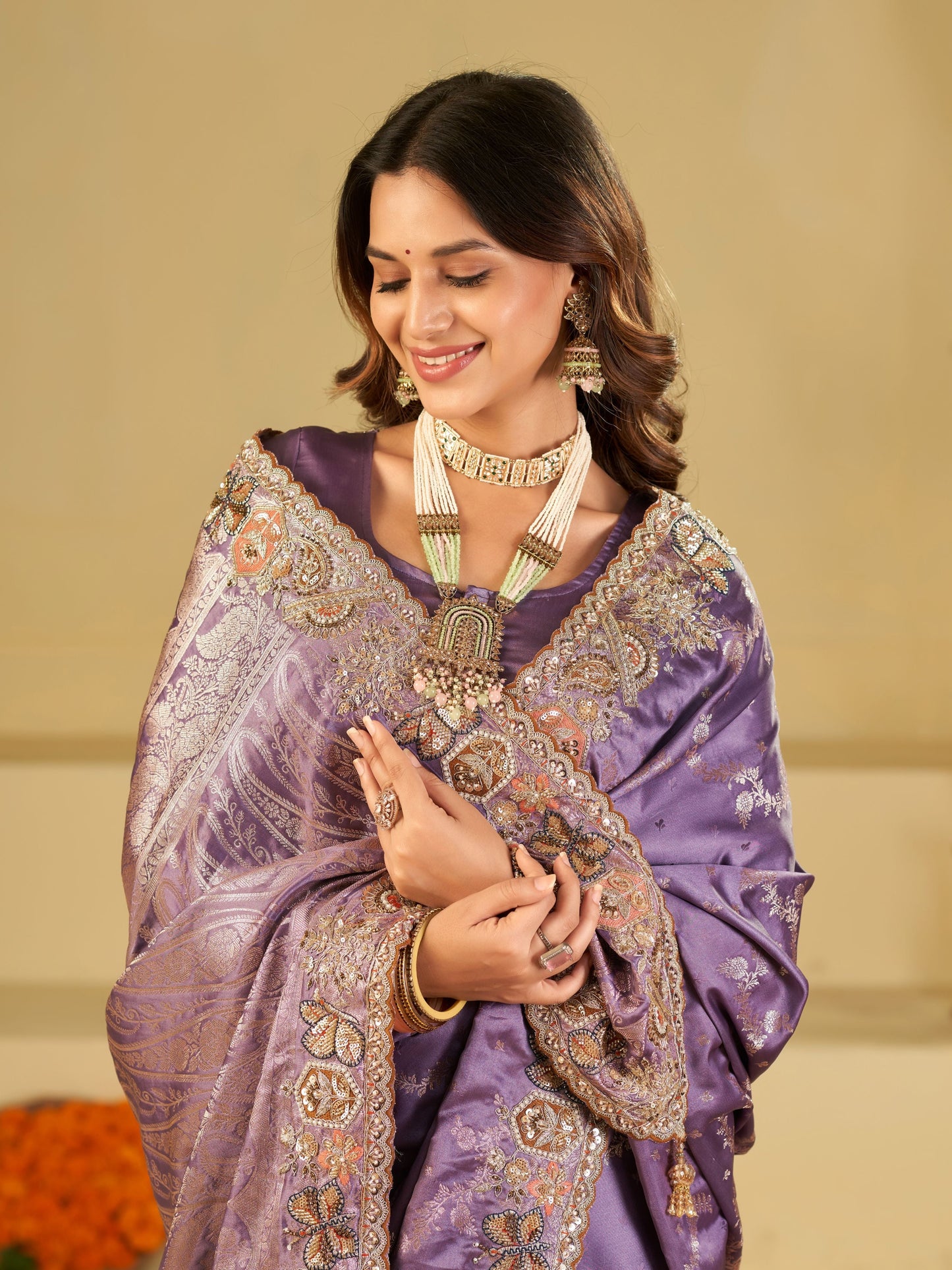 Lavender Purple Banarasi Silk Saree with Heavy Embroidered Border & Rich Zari Woven Pallu | Designer Festive Wedding Saree