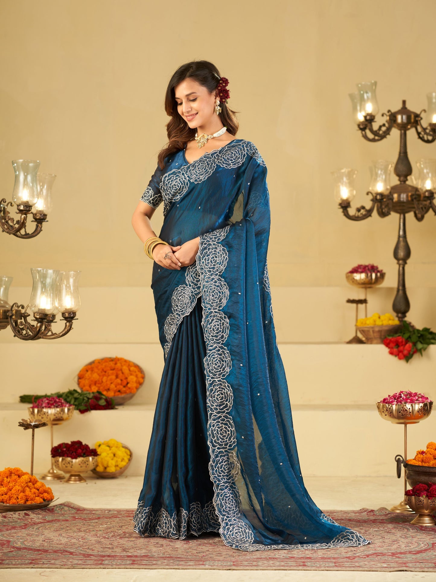 Royal Blue Fendy Satin Saree with White Floral Embroidery Border | Elegant Designer Party Wear Saree with Blouse