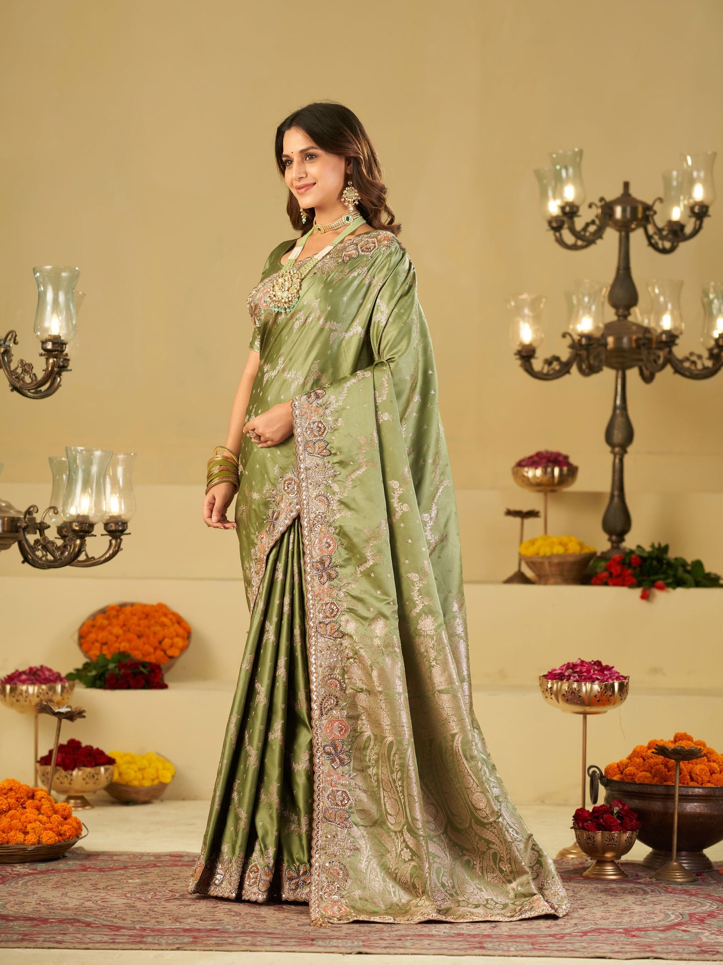 Olive Green Banarasi Silk Saree with Heavy Embroidered Border & Rich Zari Woven Pallu | Designer Wedding & Festive Saree